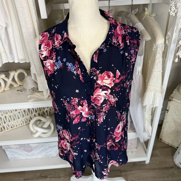 Elle sz. medium tunic length blue floral button up sleeveless top, office #3855 - Picture 1 of 9